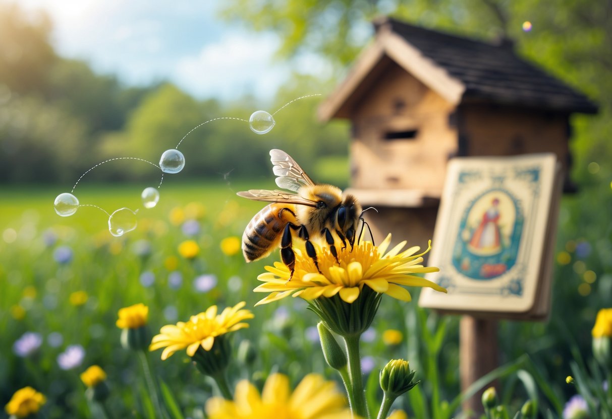 A honeybee collecting nectar on a yellow flower in a green meadow with a wooden beehive and a vintage book in the background.
