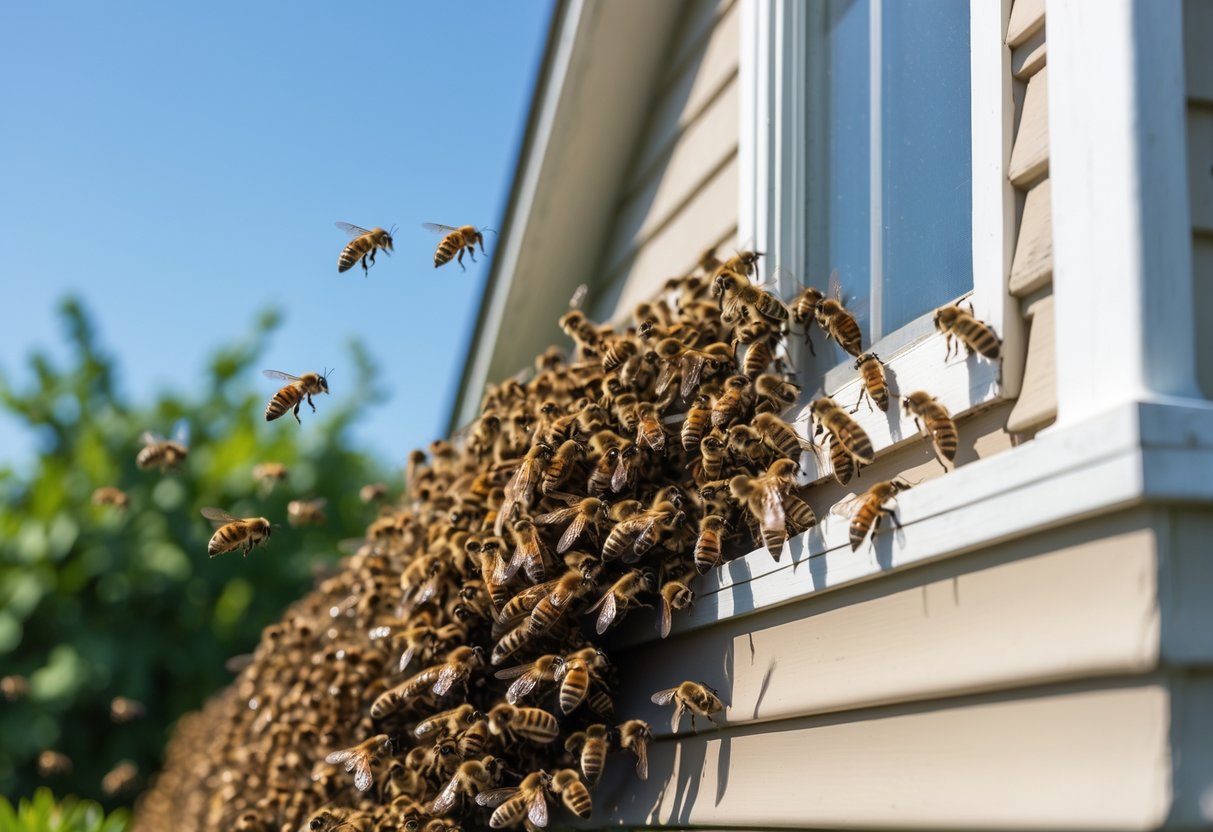 A swarm of bees clustered on the corner of a house near a window with some bees flying nearby.