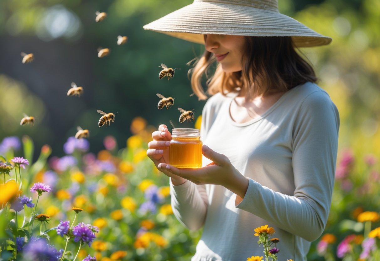 A person outdoors in a garden wearing protective clothing, surrounded by flowers and bees hovering nearby.