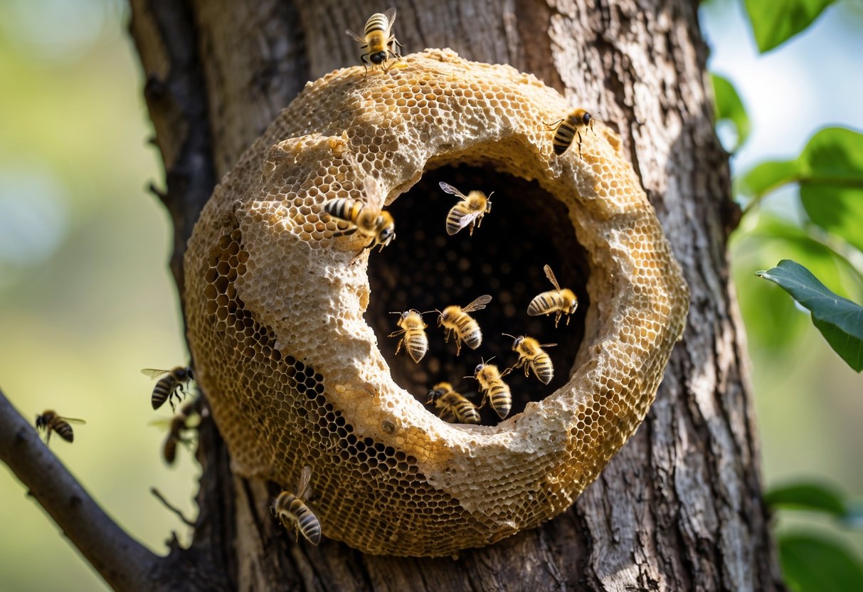 Close-up of a bees' nest on a tree trunk with bees flying around it in a natural outdoor setting.
