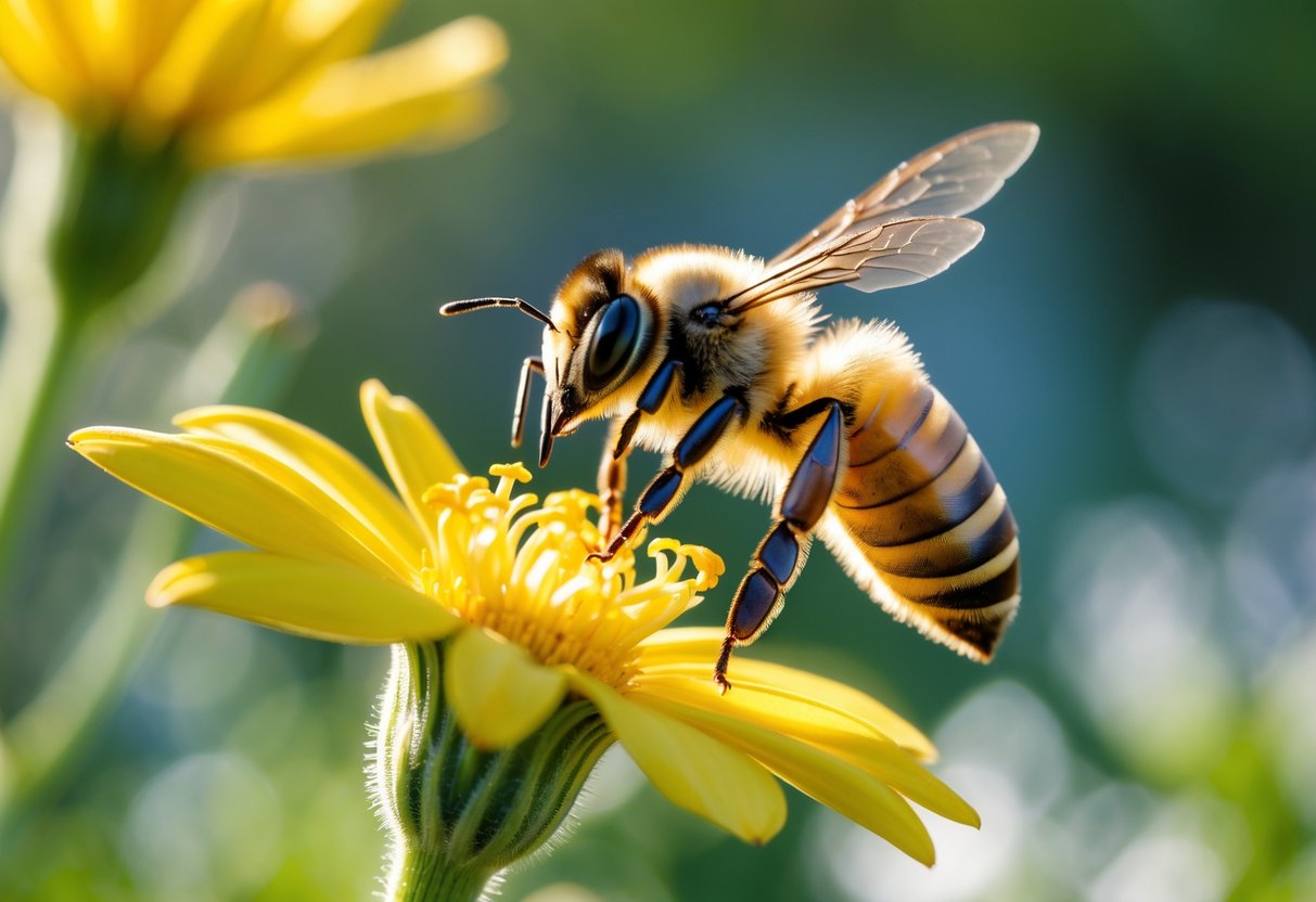 A honeybee hovering near a yellow flower in a garden with green blurred background.