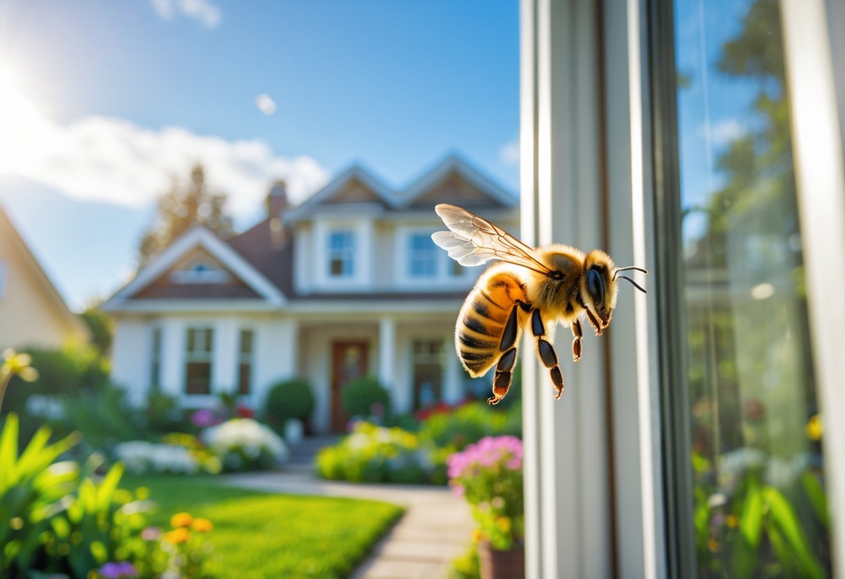A honeybee hovering near the front door of a suburban house surrounded by green plants and flowers.