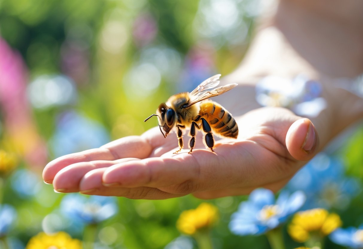 A honeybee landing on a person's outstretched hand in a garden with flowers.