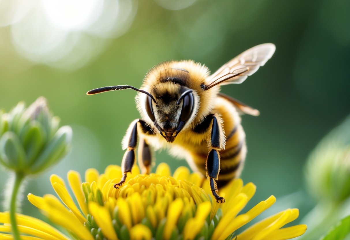 Close-up of a honeybee facing the camera while sitting on a yellow flower with green foliage in the background.