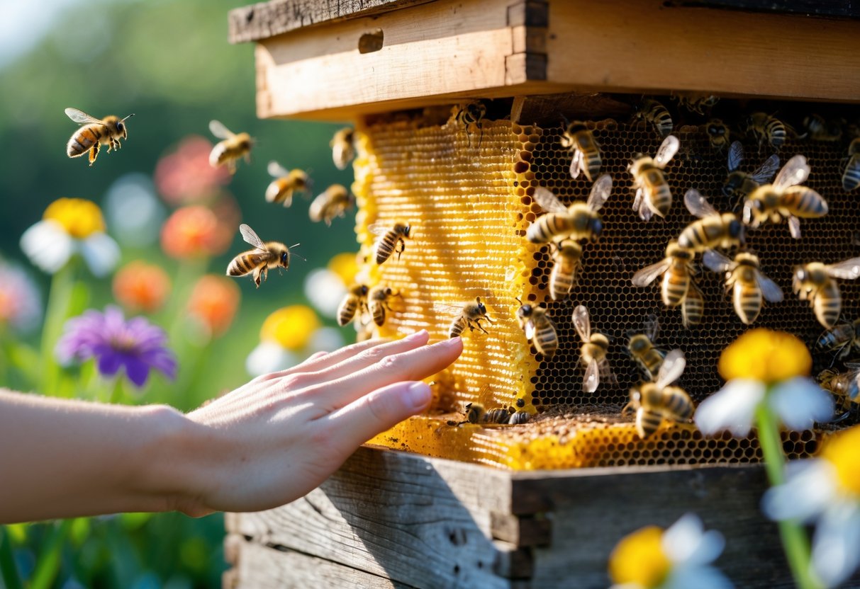 A close-up of a beehive with bees flying around and a person’s hand hesitating near it in a garden with blooming flowers.