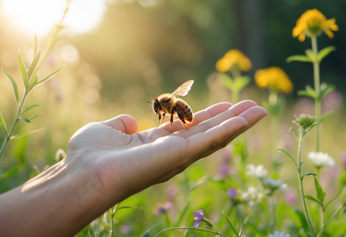 A close-up of a bee landing on a person's outstretched hand surrounded by wildflowers and greenery.