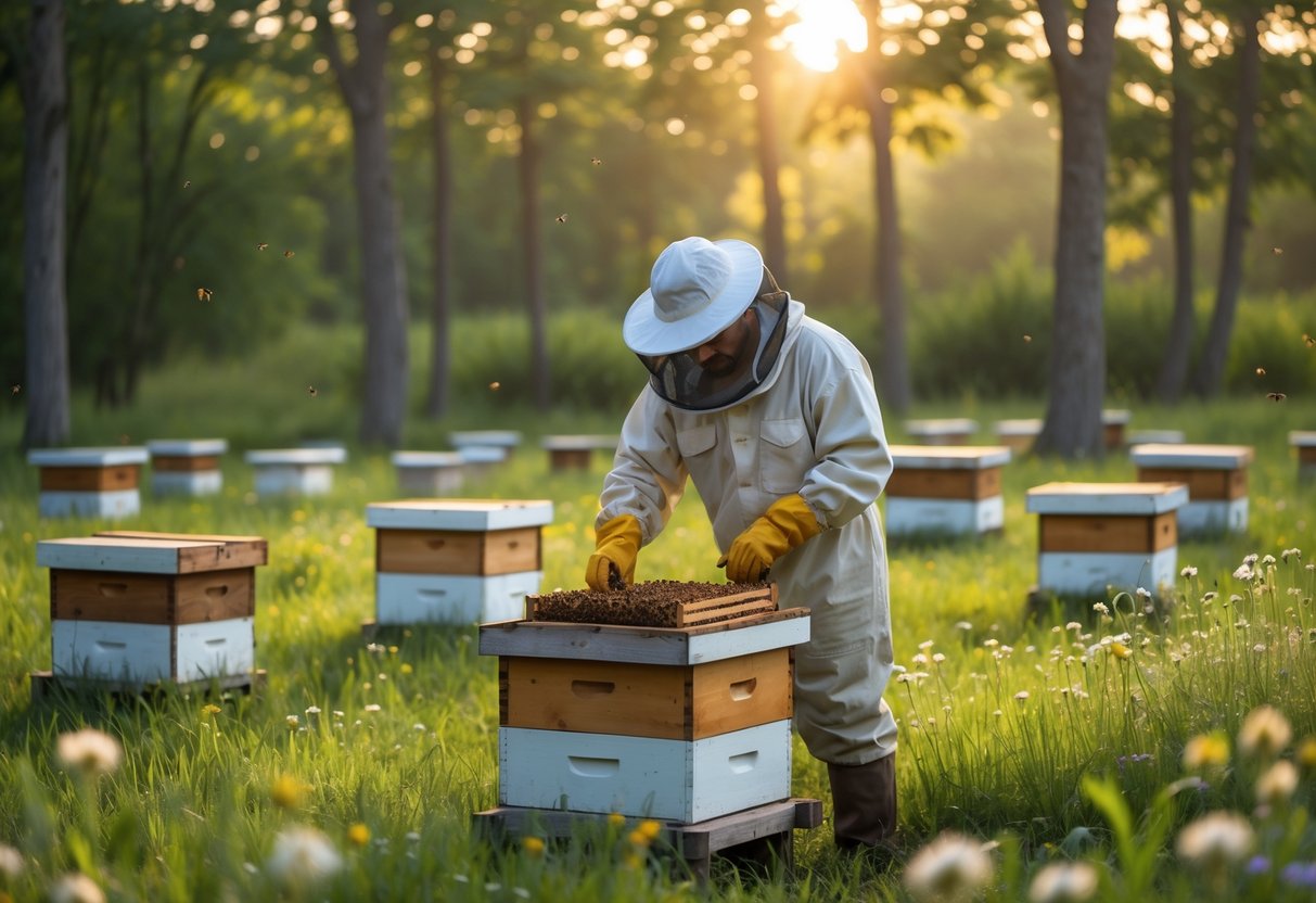 A beekeeper in protective clothing inspecting a honeybee-covered hive frame in a meadow with multiple beehives and wildflowers.