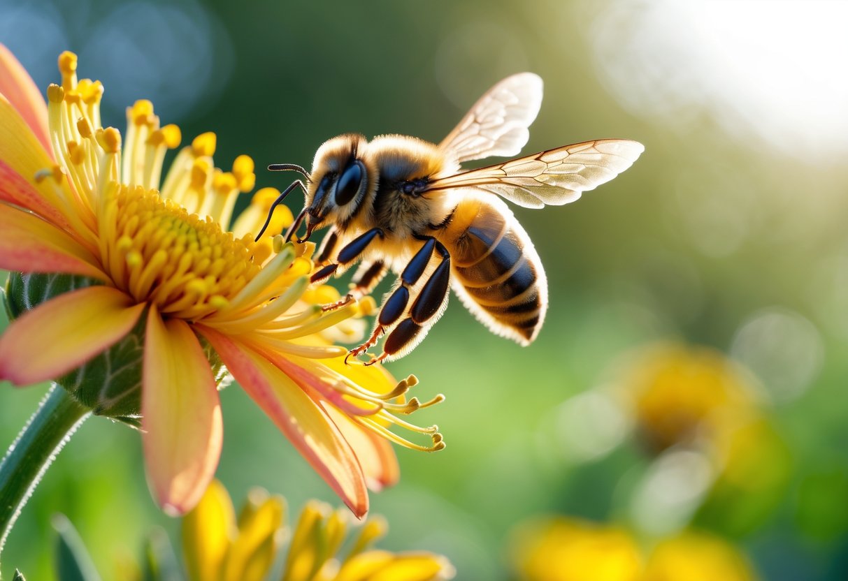 A bee hovering near a colorful flower outdoors with greenery in the background.