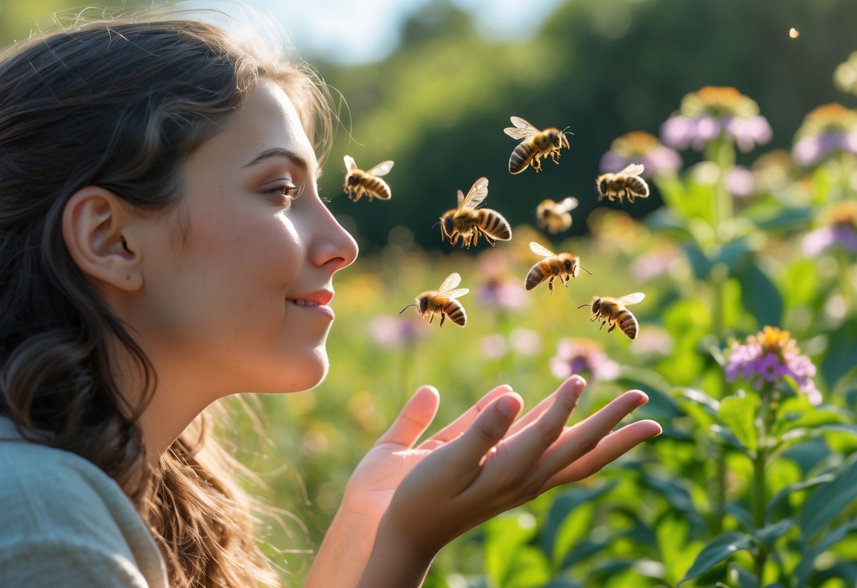 A person outdoors with bees flying close to their face and hands among flowers and greenery.