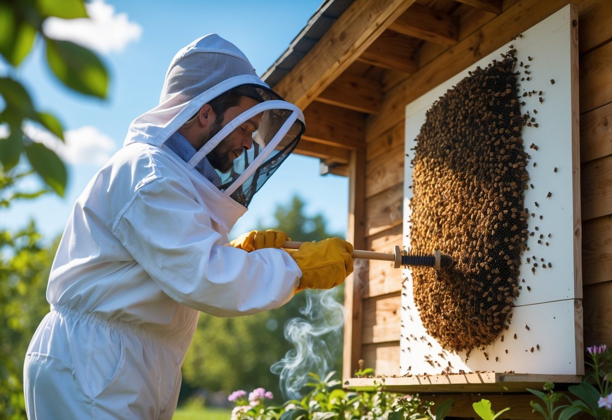 A person in protective beekeeping gear removing a bee's nest from the side of a wooden house using a smoker and bee brush.