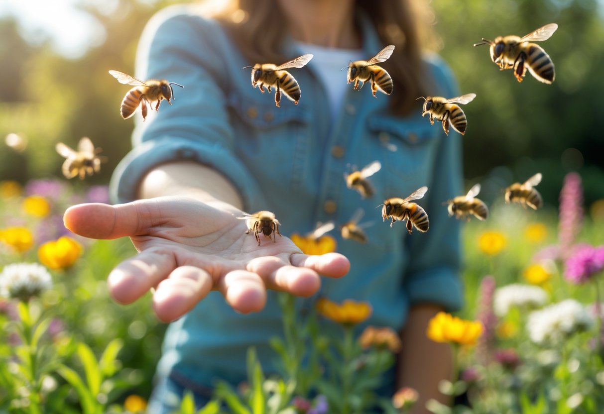 A person standing outdoors in a garden with bees flying around their hand and face near colorful flowers.