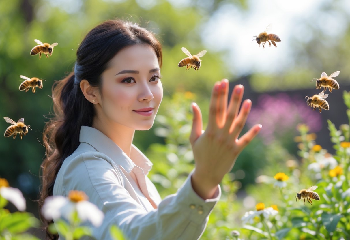 A woman outdoors in a garden gently waving her hand to deter bees flying nearby.