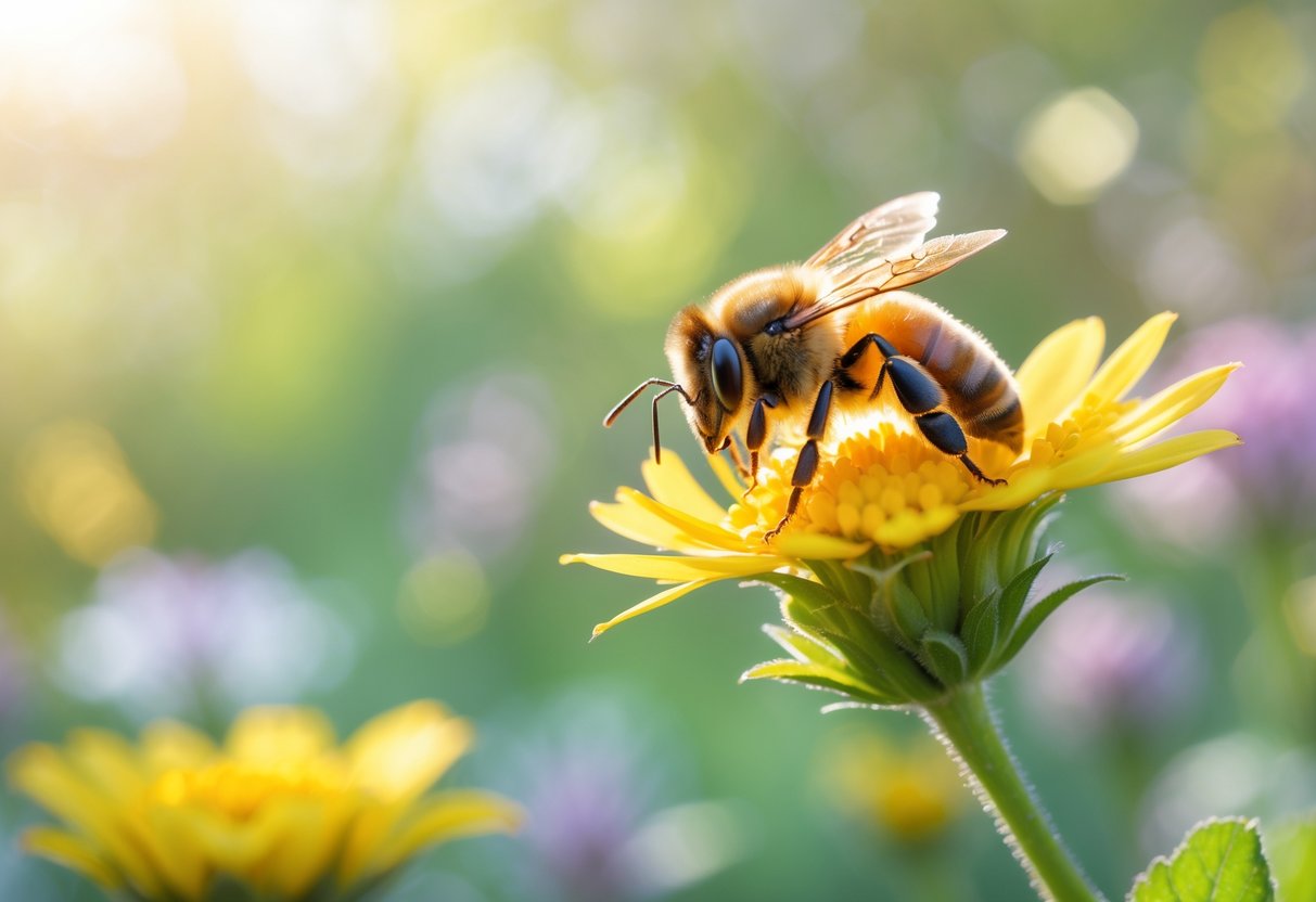 A close-up of a honeybee on a yellow flower in a sunlit garden with green foliage in the background.
