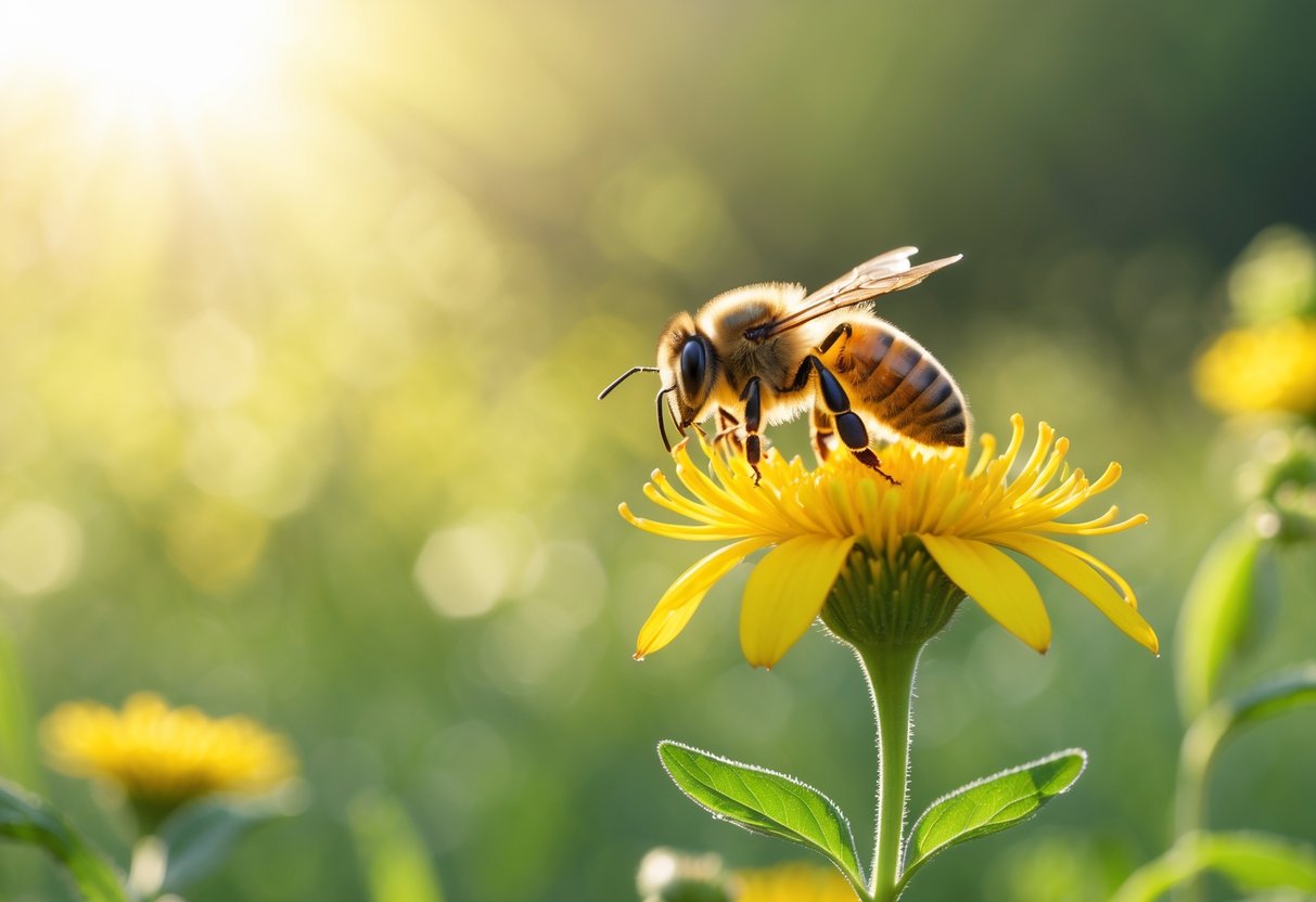 A honeybee resting on a yellow flower in a sunlit meadow with blurred green and gold plants in the background.
