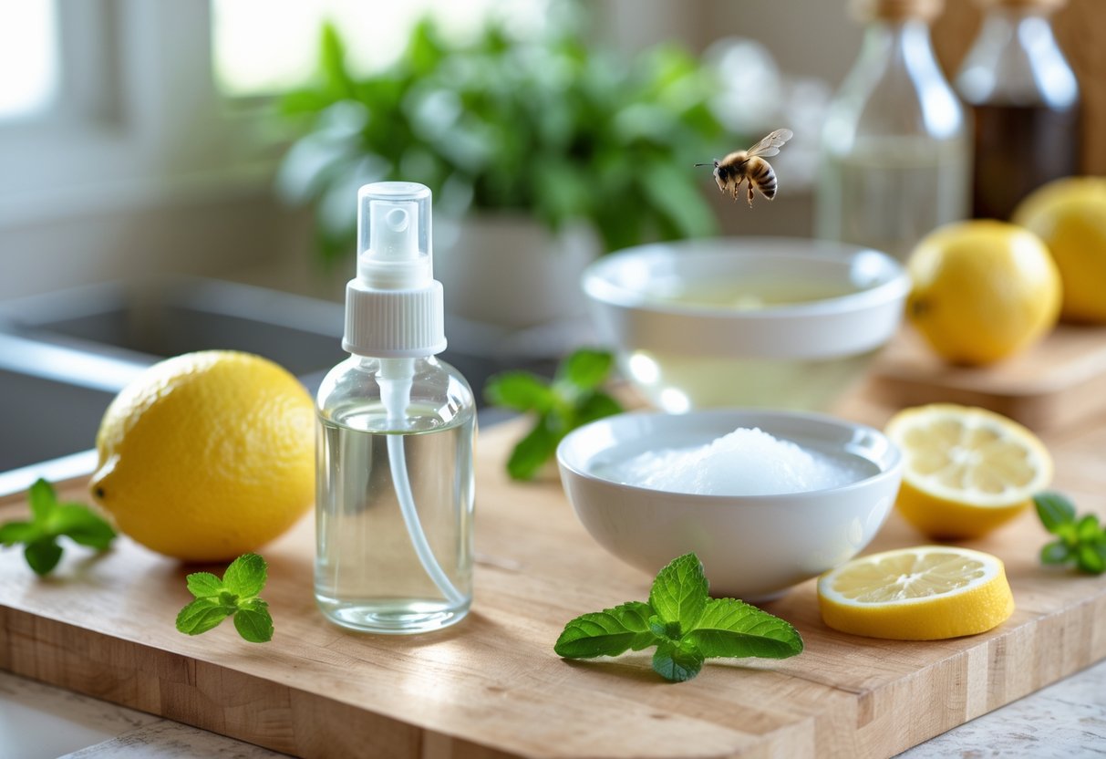 A kitchen countertop displaying natural ingredients and a spray bottle used for homemade bee deterrent, with a honeybee nearby.