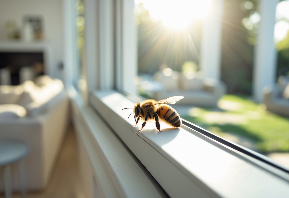 A bee resting on an open windowsill inside a sunlit modern home with a blurred living room in the background.