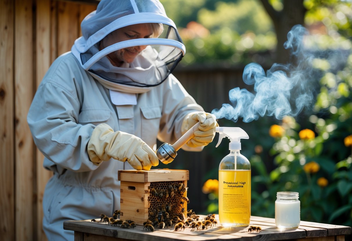 A person in protective beekeeping gear carefully removing bees from a wooden structure outdoors using a bee smoker and a natural spray bottle nearby.