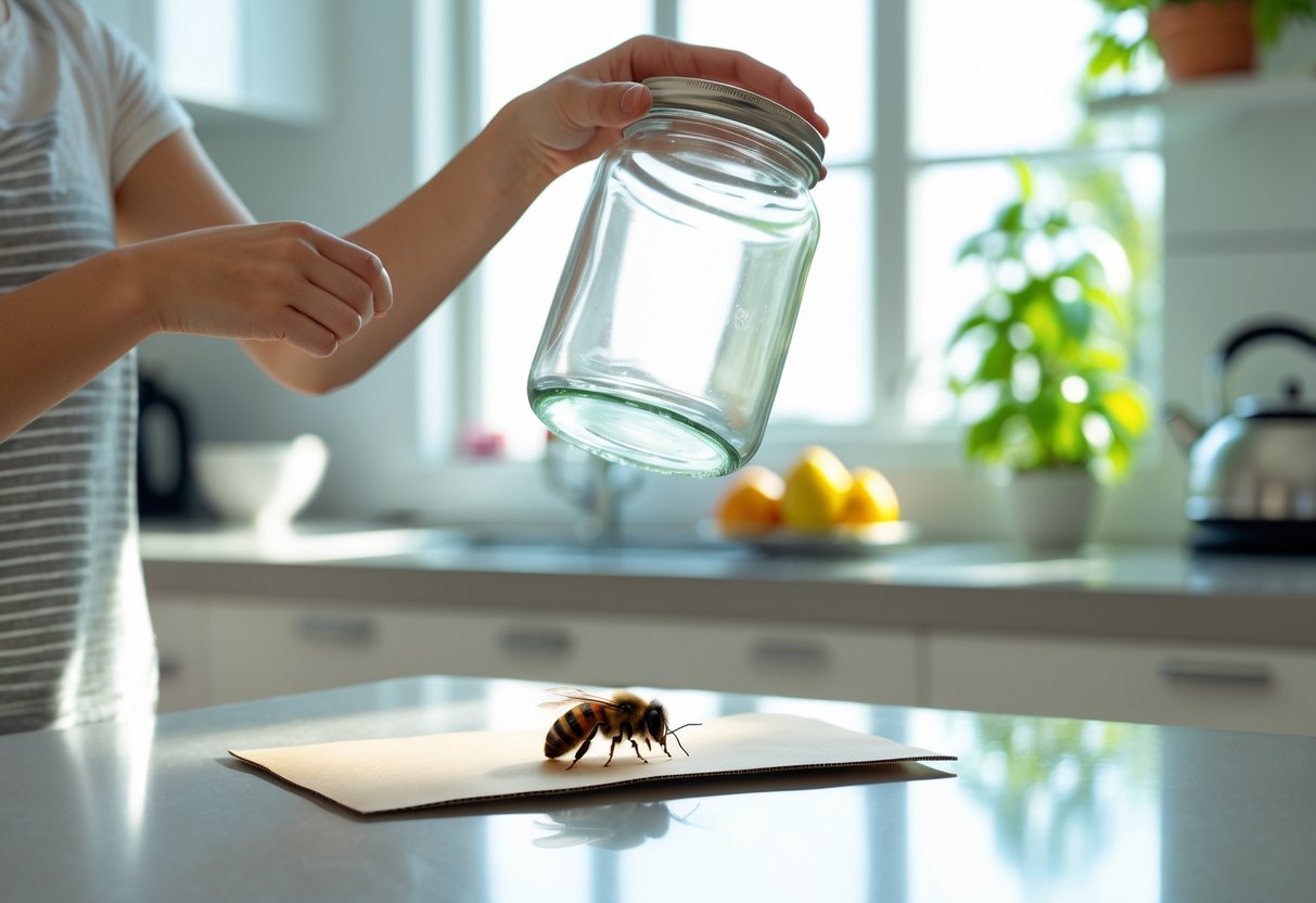 A person carefully trapping a bee on a kitchen countertop using a glass jar and a piece of paper.