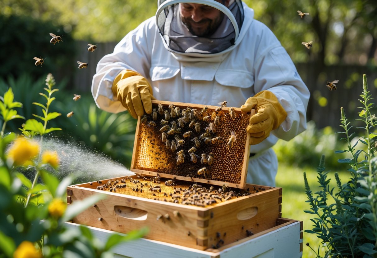 A beekeeper holding a honeycomb frame near a beehive with bees, spraying a natural repellent nearby surrounded by plants.