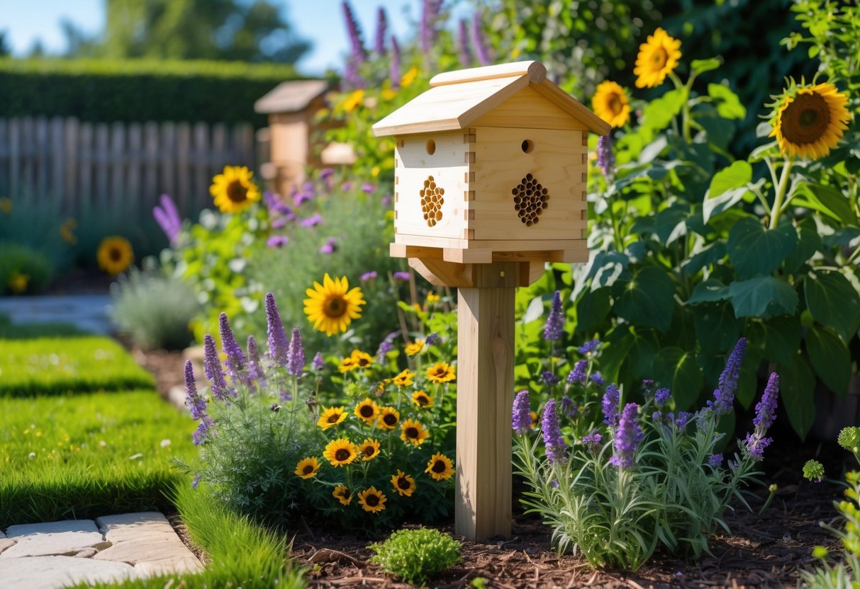 A bee house mounted on a post in a sunny garden surrounded by flowering plants and greenery.