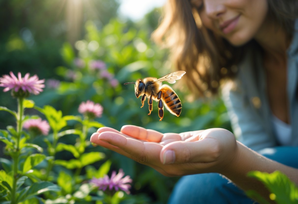 A person calmly holding out their hand near a honeybee in a garden with flowers and greenery.
