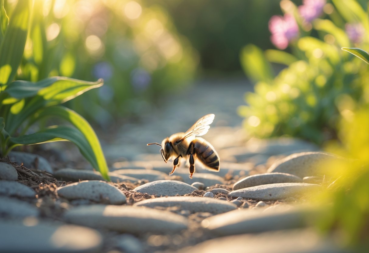 A bee flying over a sunlit garden path with green plants and flowers in the background.