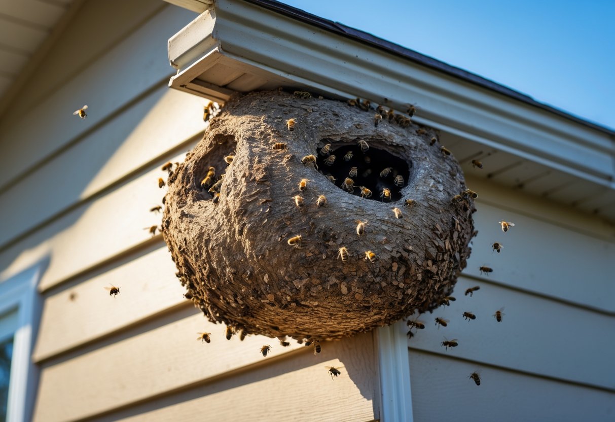 Close-up of a bees' nest attached to the exterior wall of a house with bees flying nearby.