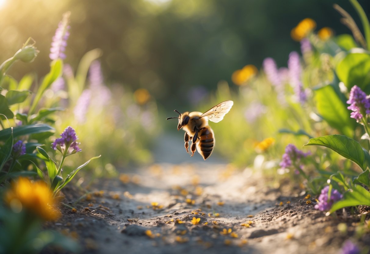 A close-up of a bee flying over a sunlit natural path surrounded by wildflowers and greenery.