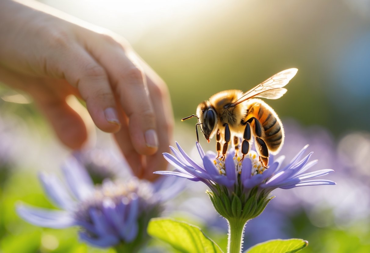 A honeybee on a flower with a person’s hand reaching toward it in a garden.