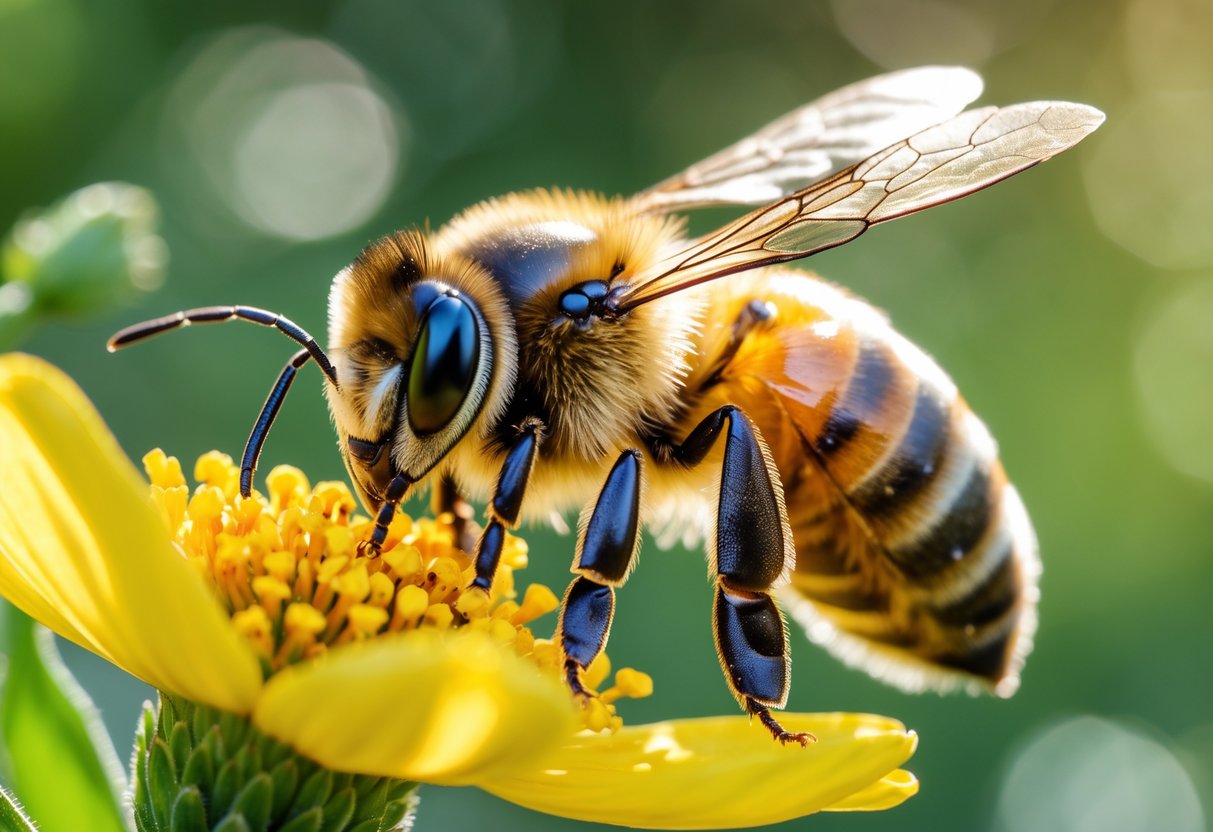 A honeybee sitting on a yellow flower with green foliage in the background.