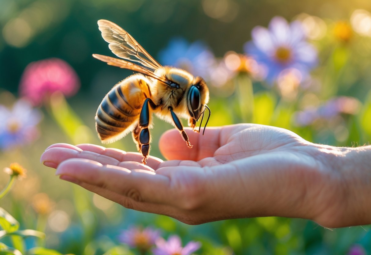 A honeybee landing on a person's open hand surrounded by flowers in a garden.