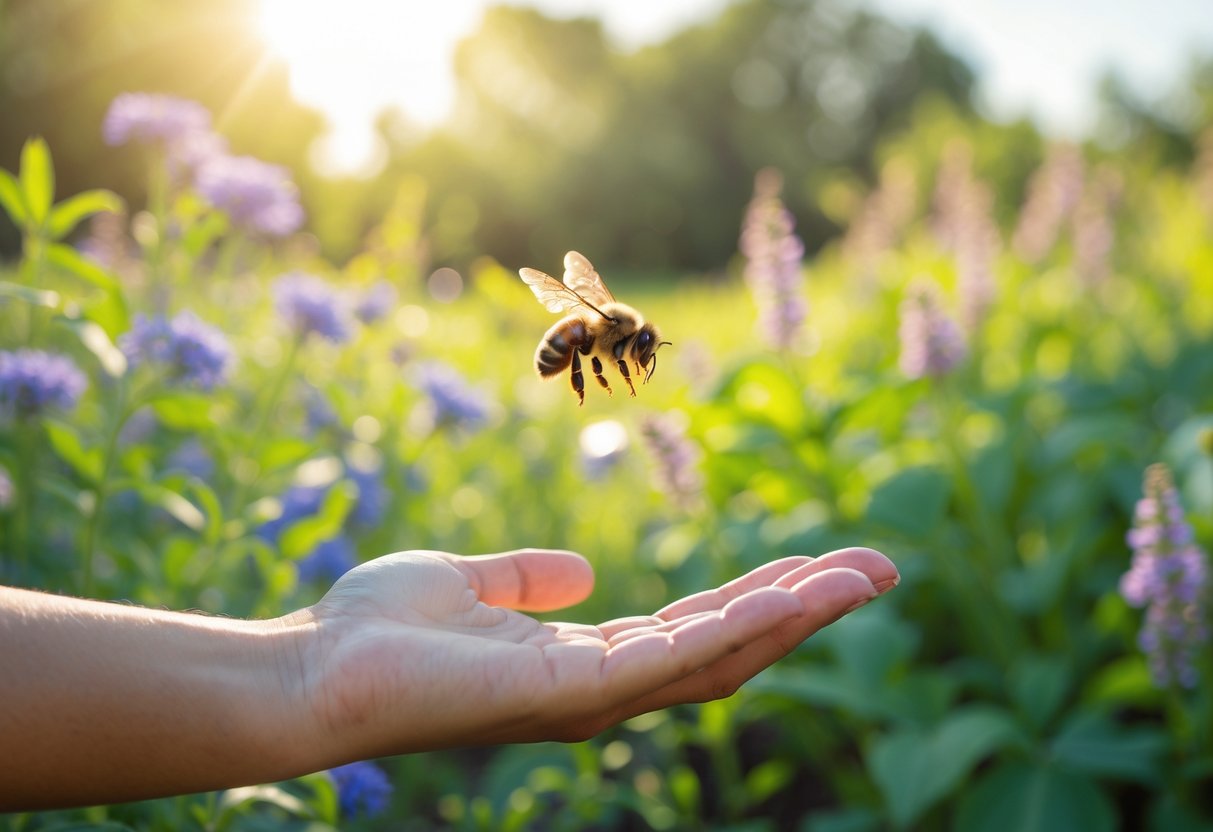 A bee hovering near a person's outstretched hand in a sunlit garden with flowers and greenery.