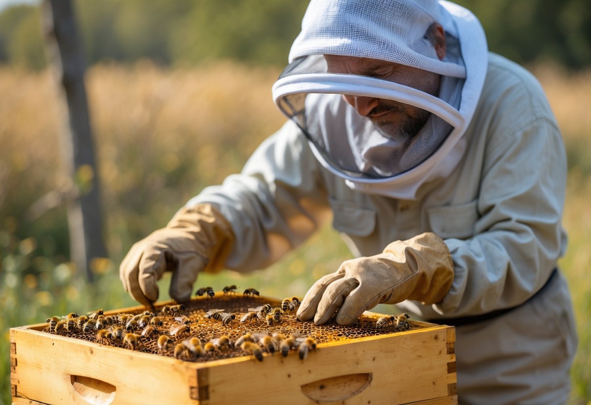 A beekeeper in protective gear gently interacting with bees on a honeycomb frame outdoors.