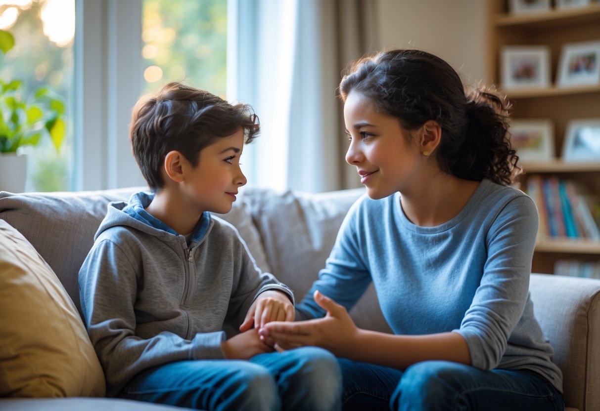 An adult and a pre-teen sitting together on a sofa having a calm and supportive conversation in a cozy living room.