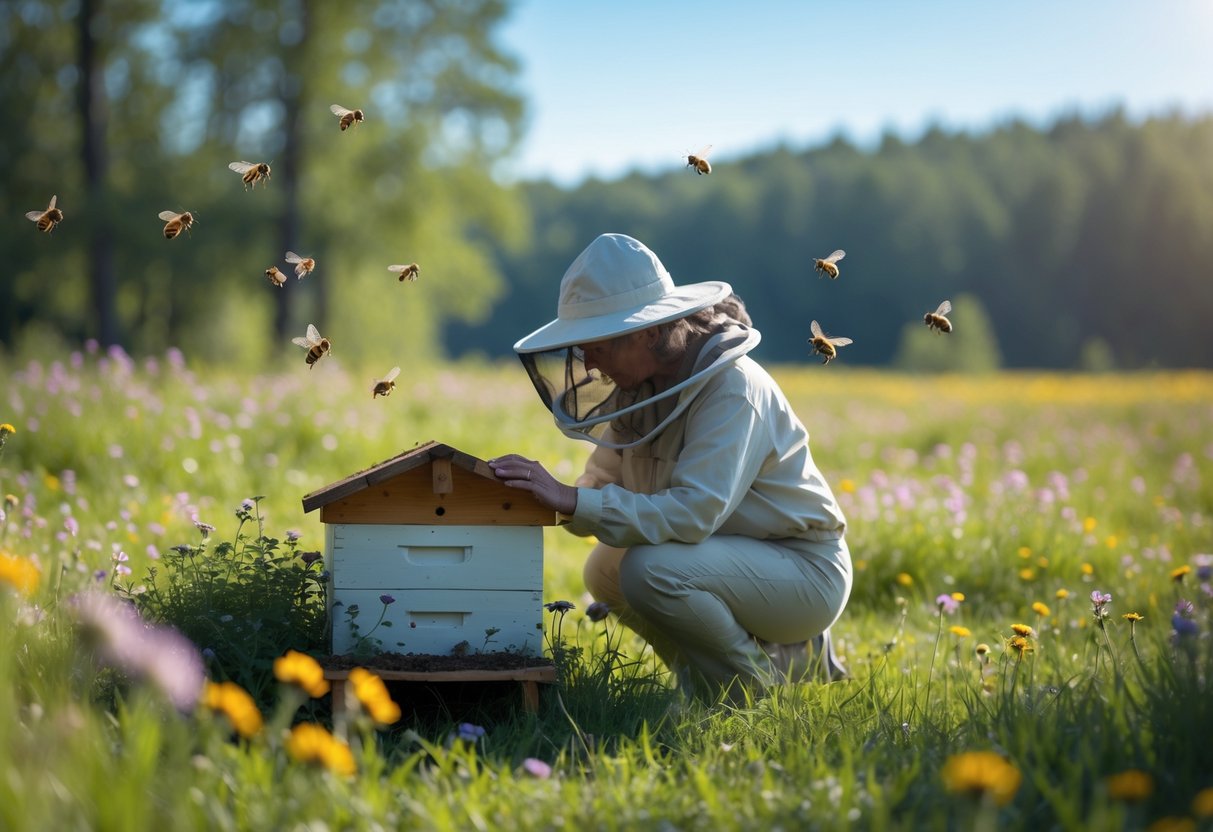 A person kneeling beside a wooden beehive in a sunlit meadow with bees flying around and wildflowers blooming.