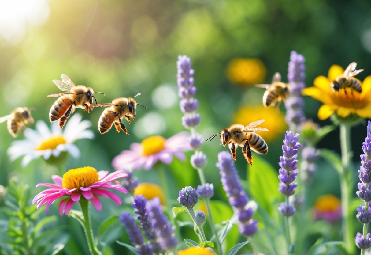 Close-up of honeybees pollinating colorful flowers in a garden with green leaves and sunlight.