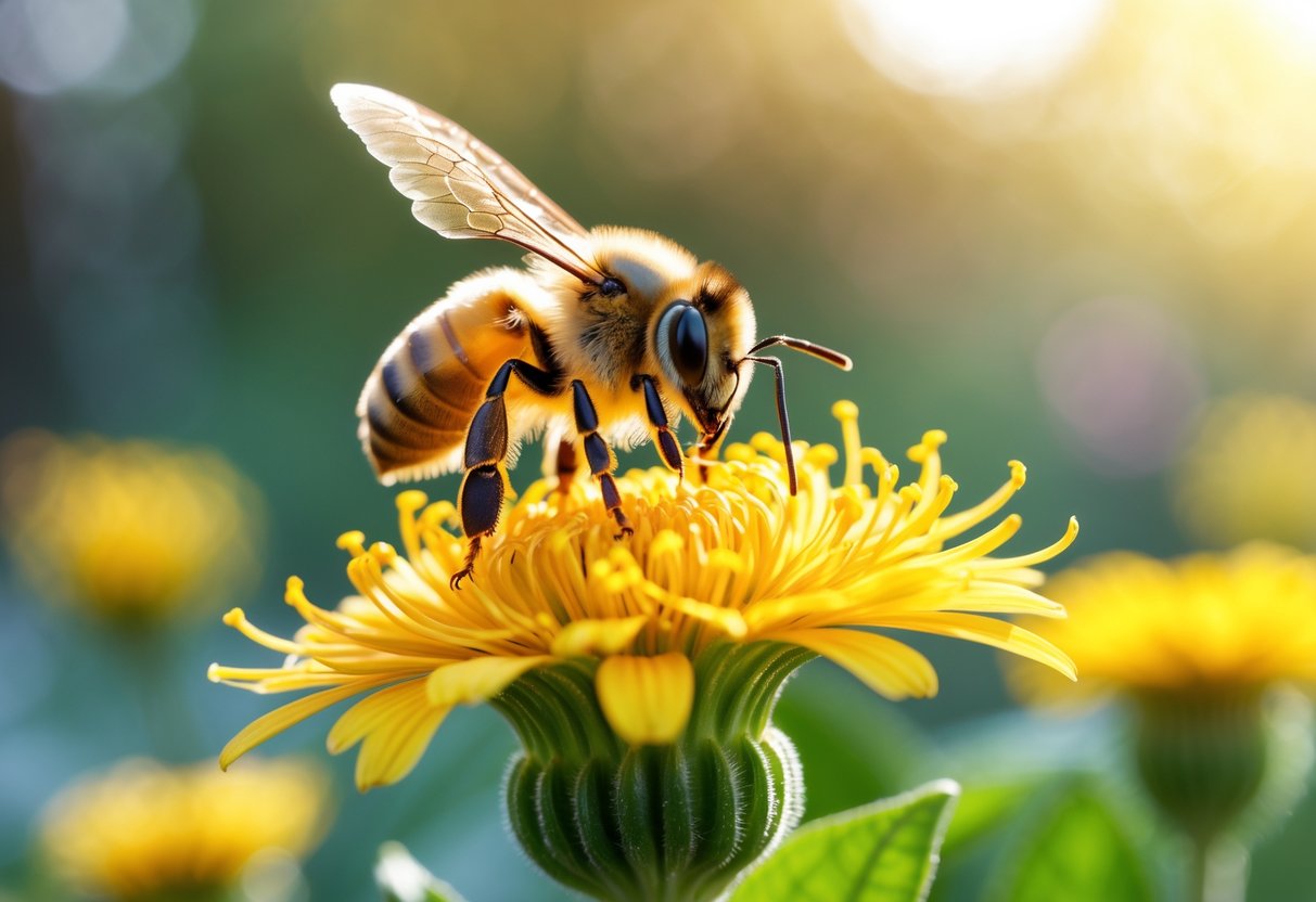 A close-up of a honeybee on a yellow flower with a blurred garden background.
