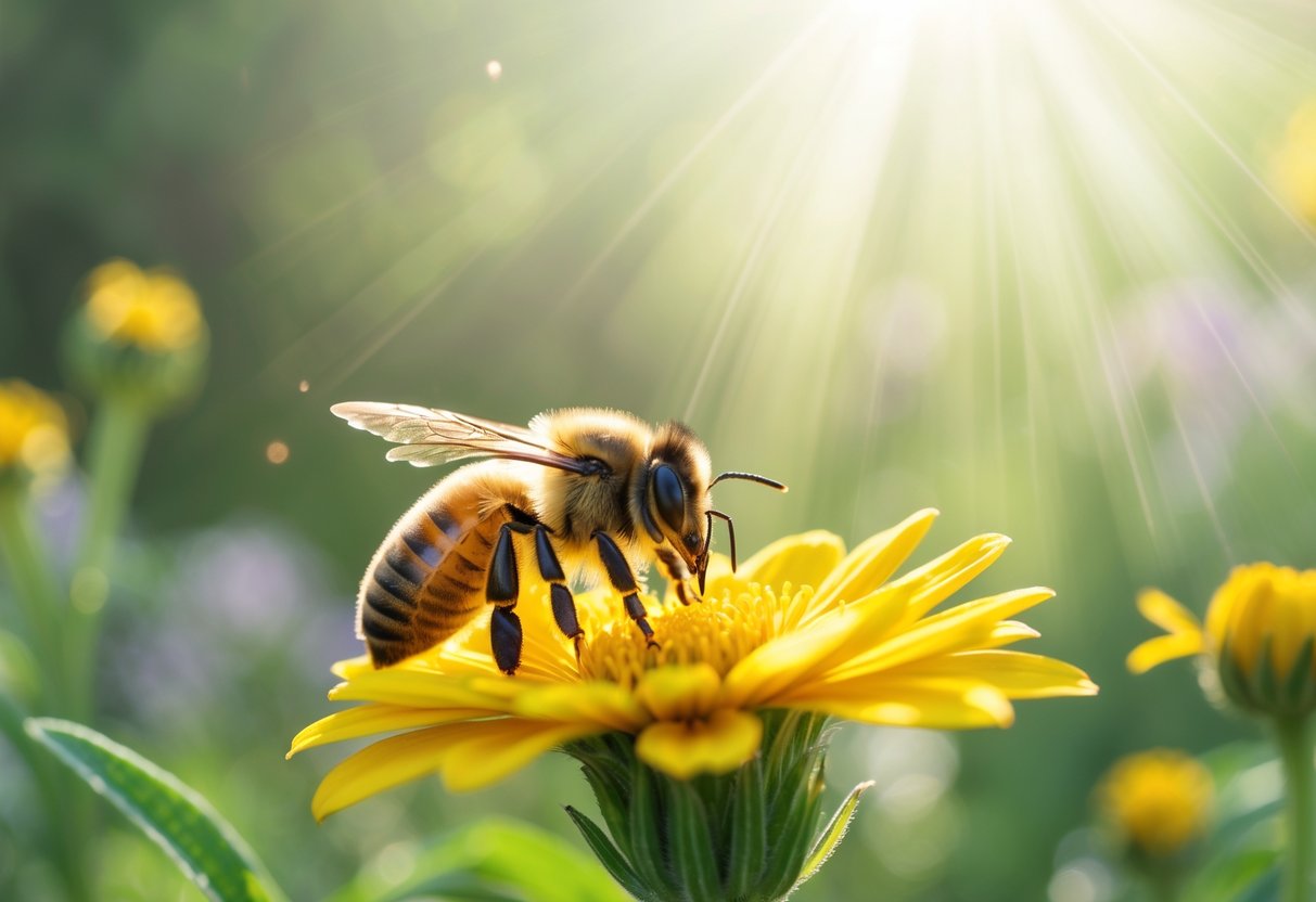 A close-up of a honeybee sitting on a yellow flower in a sunlit garden with greenery in the background.