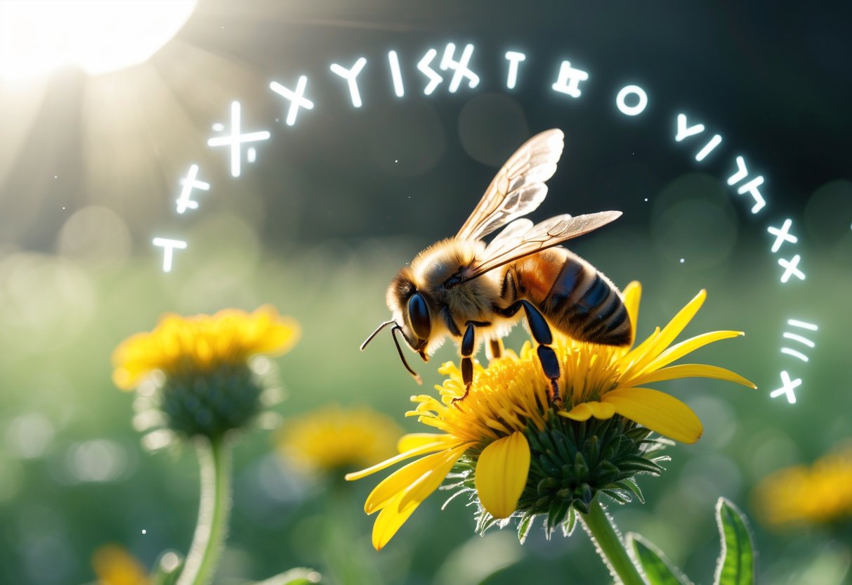 A honeybee resting on a yellow flower in a sunlit meadow with faint glowing symbols in the background.