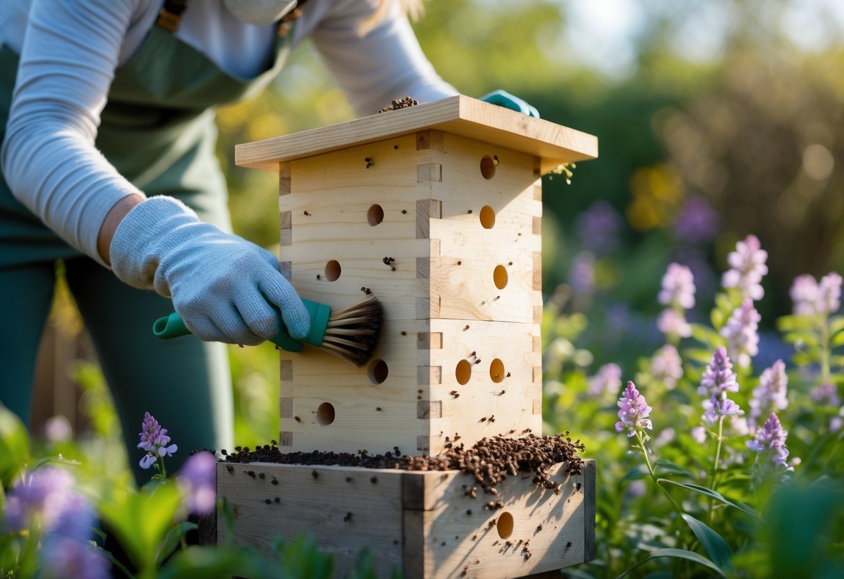 A person cleaning a wooden bee house with a small brush in a garden surrounded by flowers.