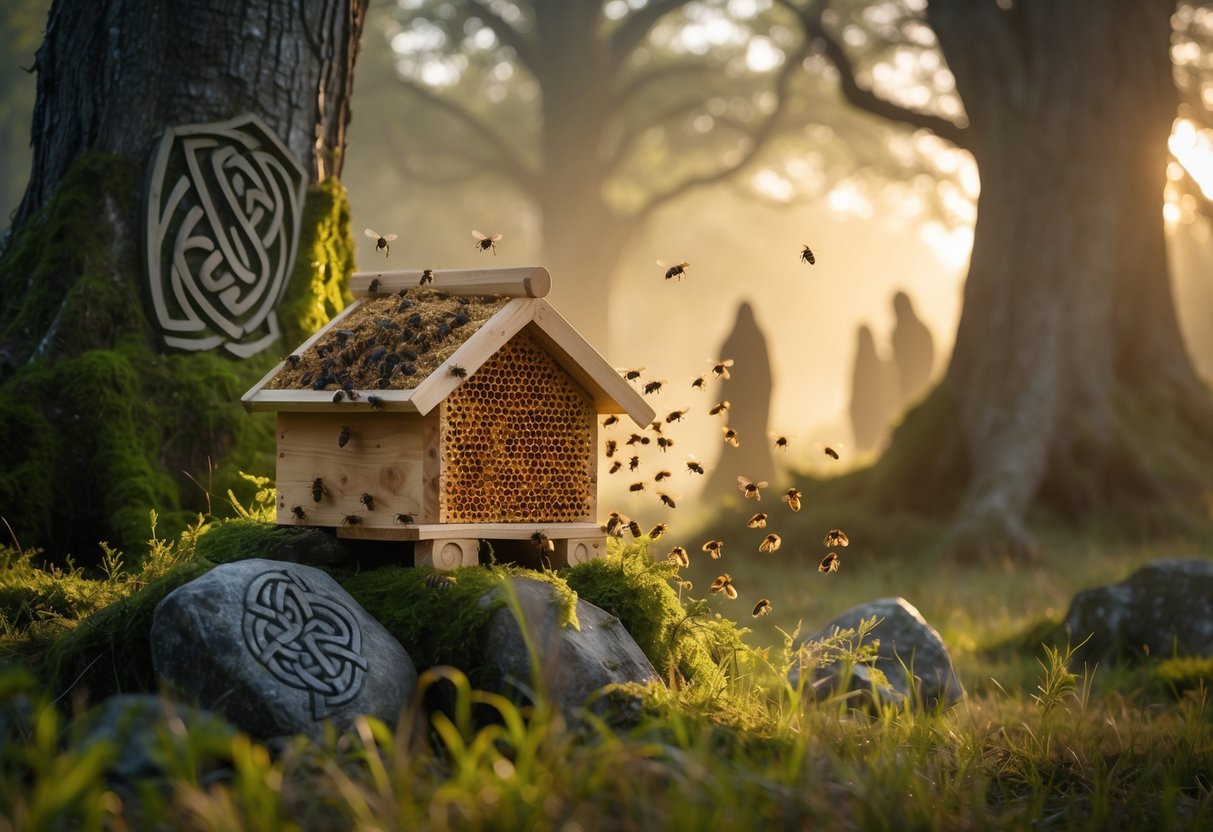 A forest scene at dawn with bees around a wooden beehive near trees carved with Celtic knots and faint mystical figures in the mist.