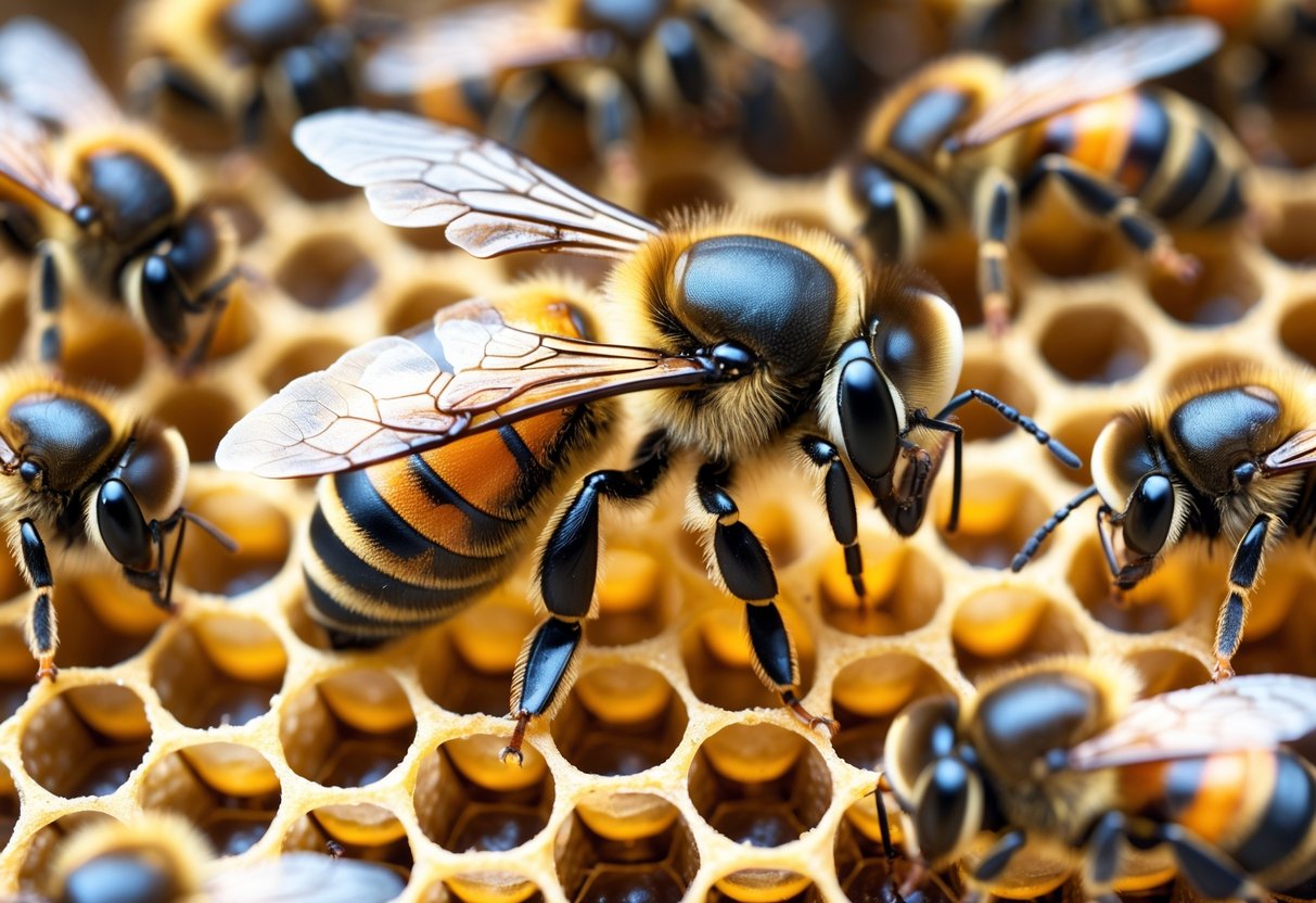 A queen bee sitting on a honeycomb surrounded by smaller worker bees inside a beehive.