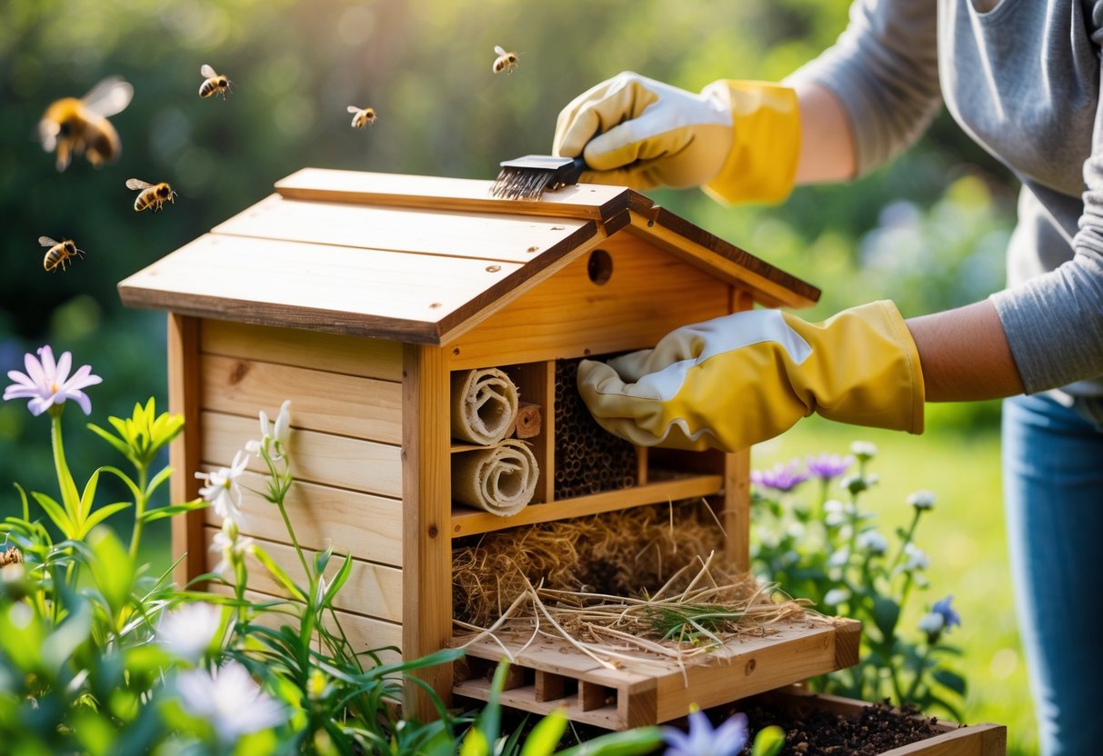Person cleaning a wooden bee house outdoors surrounded by flowers and bees.