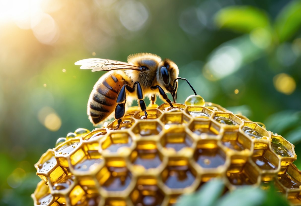 Close-up of a honeybee on a honeycomb resembling stacks of coins with a blurred green background.