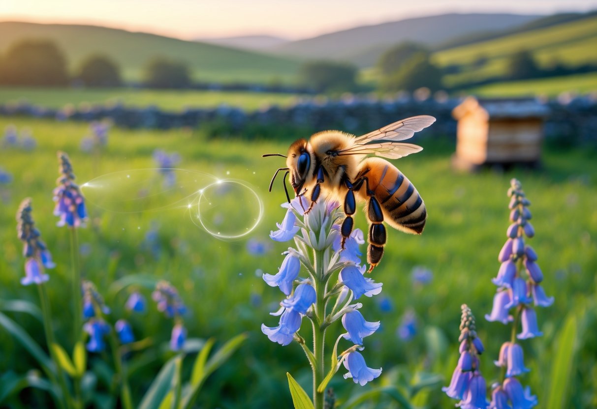 A honeybee resting on a wildflower in a green British countryside with rolling hills and a wooden beehive in the background.