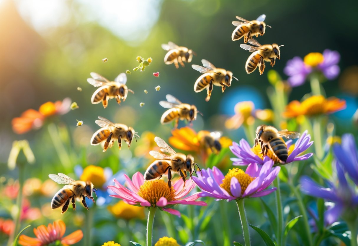 Close-up of honeybees pollinating colorful flowers in a garden.