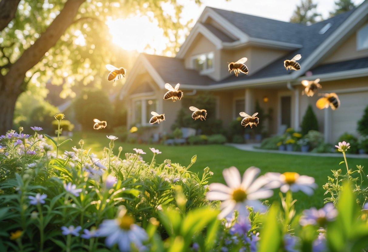 A house with a garden where bees are flying around flowers near the home.
