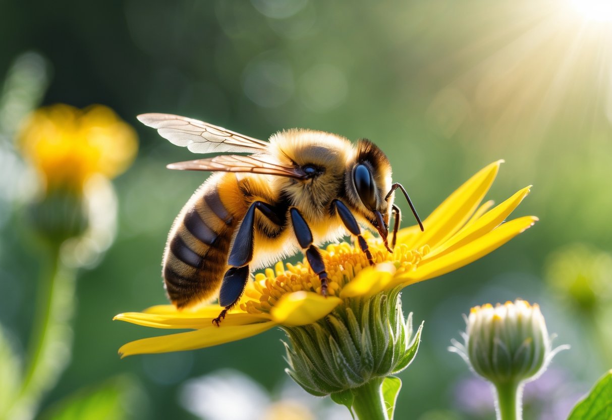 A close-up of a bee sitting on a yellow flower in a garden.