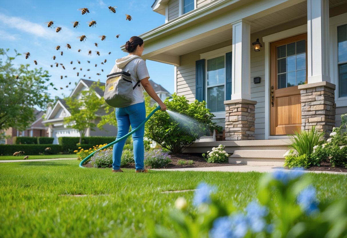 A person standing near a house watching bees flying around a flowering bush in the garden.