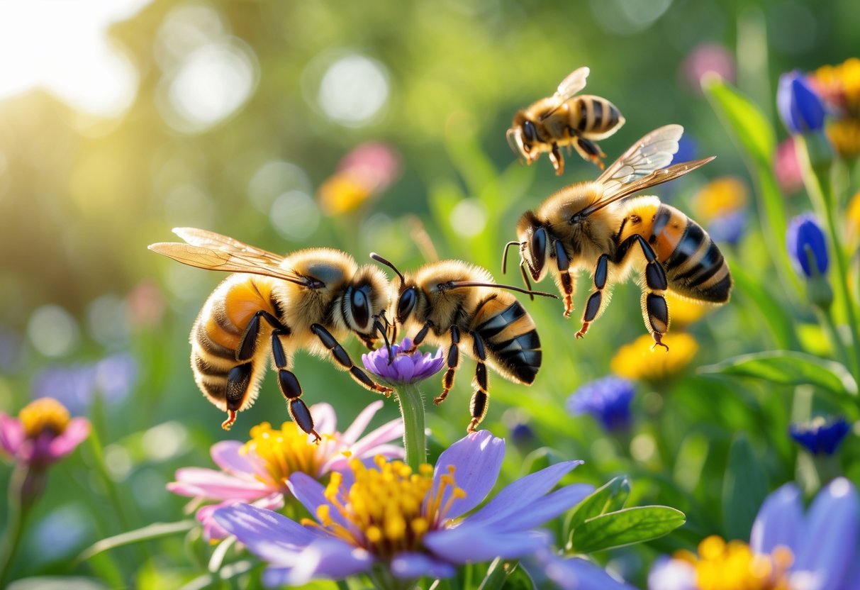 Close-up of different types of bees pollinating colorful flowers in a garden.
